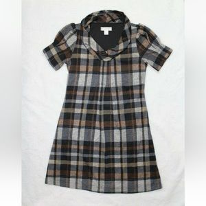 Christopher & Banks Dress Plaid Shift Short-Sleeve Brown sz 6 Plaid Pleats
